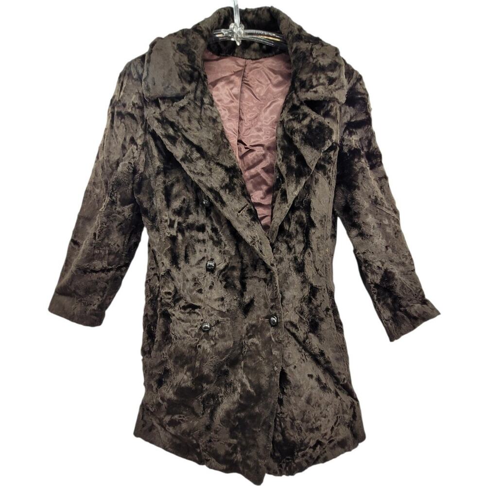 Saks Fifth Avenue Brown Faux Fur Coat Womens Medium Vintage 60s Double Breasted